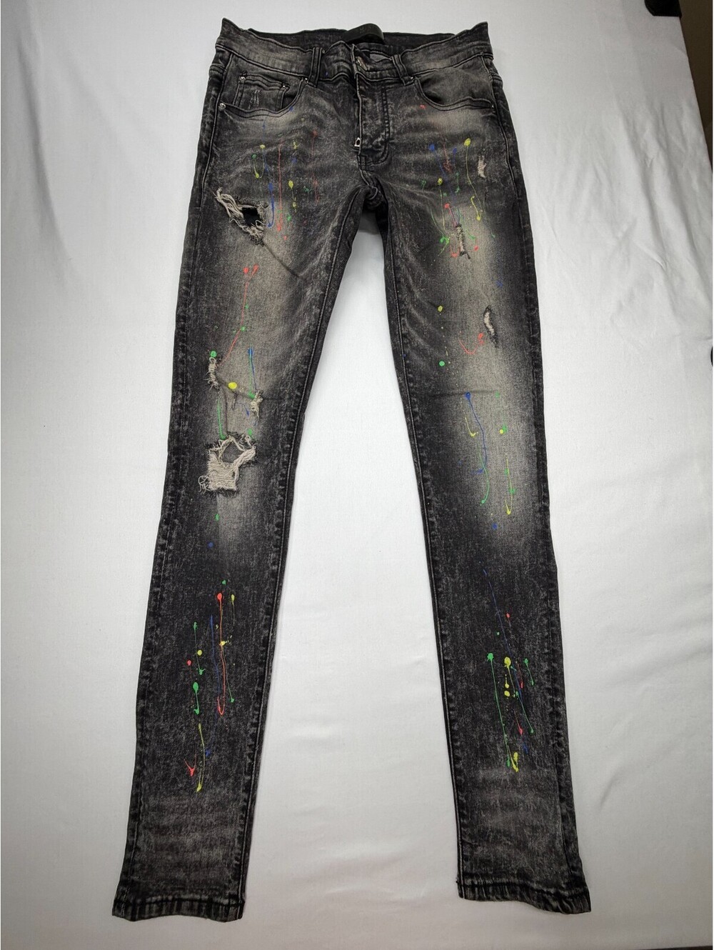 AMIRI Men's Jeans Skinny Denim Acid Wash Paint Splatter Ripped Size 30 Black